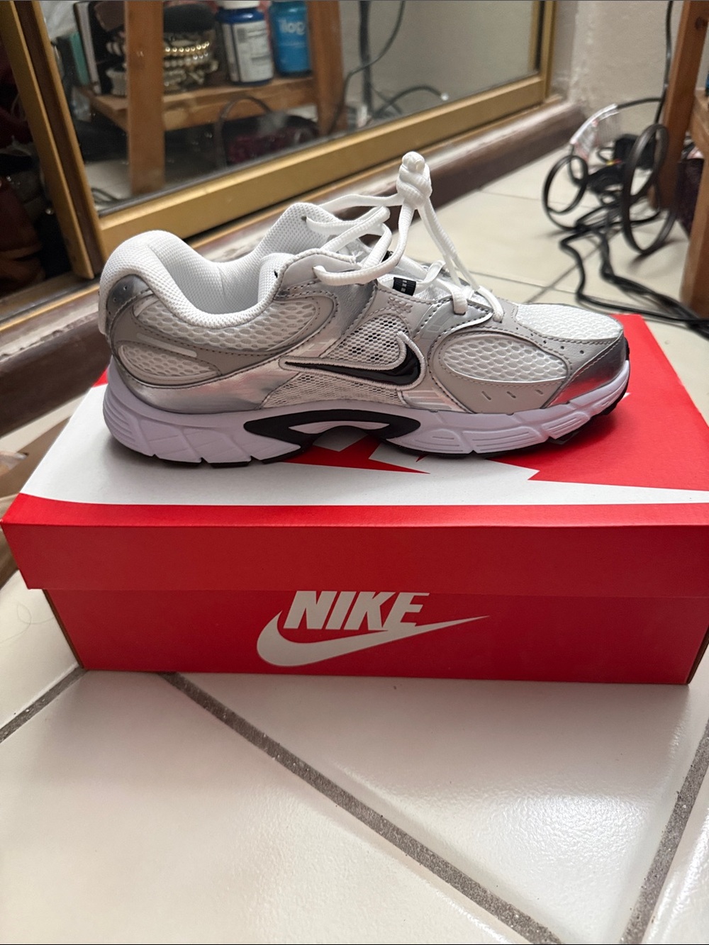 Nike Kids White & Silver Athletic Sneakers with Black Swoosh